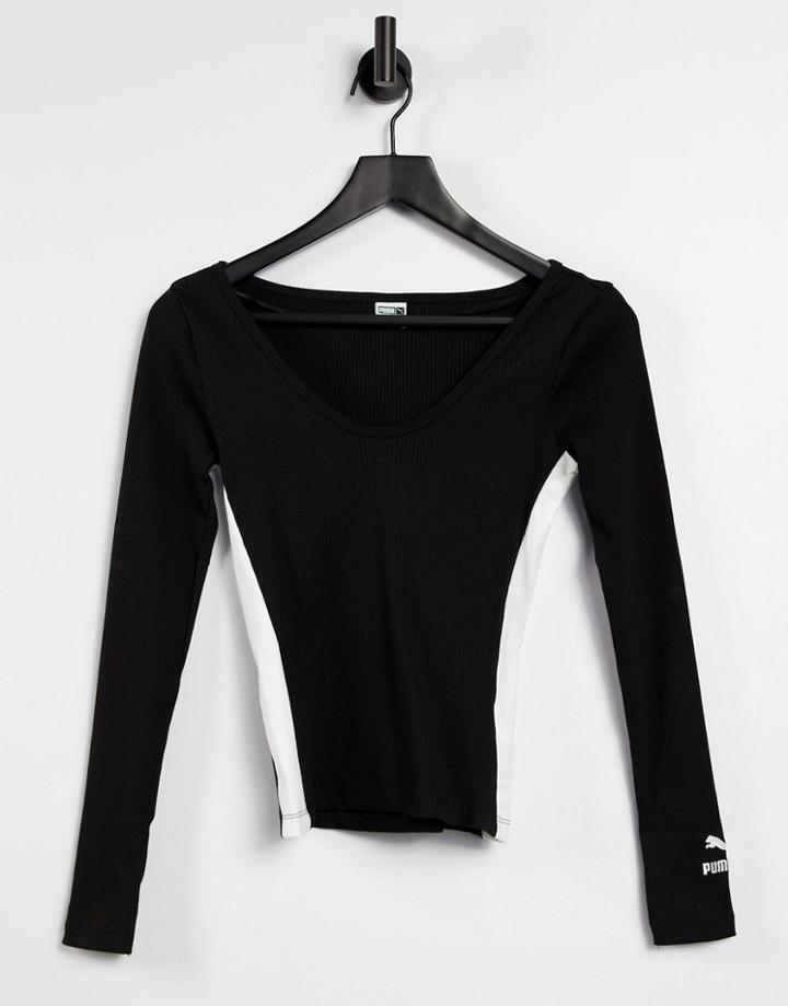 Puma Classics Ribbed Long Sleeve Top In Black