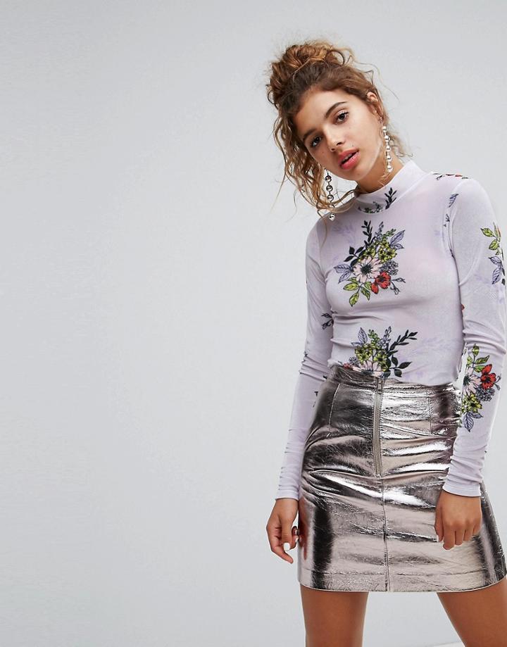 H! By Henry Holland High Neck Top In Floral Velvet - Purple