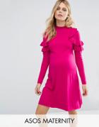 Asos Maternity Sweater Dress With Ruffle Shoulder - Pink