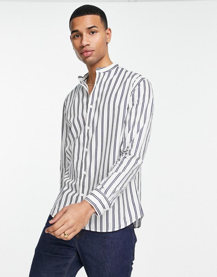 Selected Homme Cotton Blend Shirt In Grandad Collar Shirt With Stripes In White - White