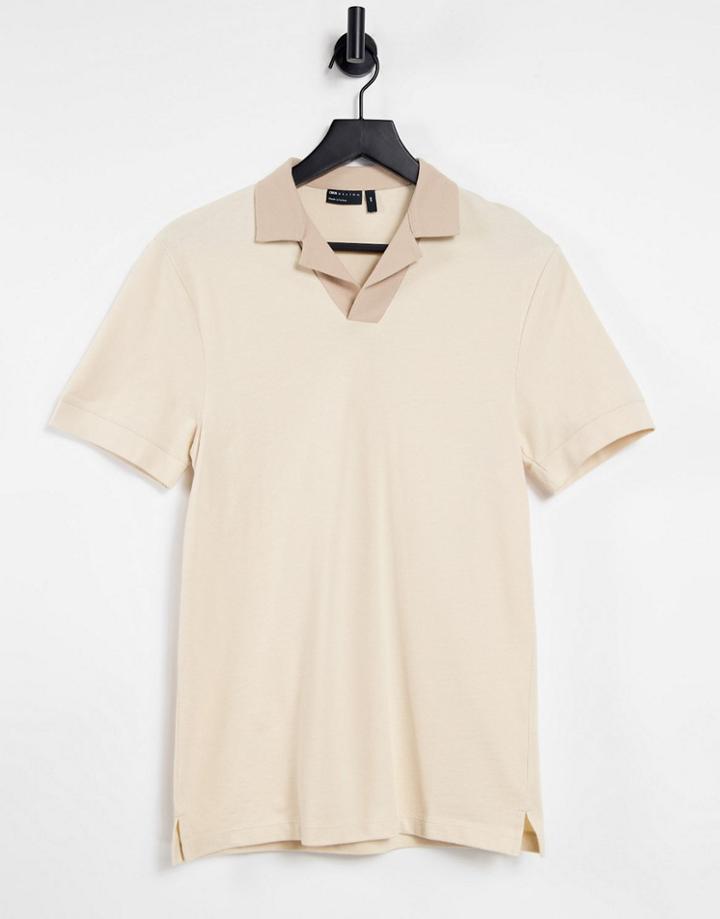 Asos Design Smart Pique Polo In Beige With Contrast Revere Collar And Cuffs-neutral
