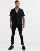 Asos Design Relaxed Fit Black Viscose Shirt With Low Revere Collar In Black