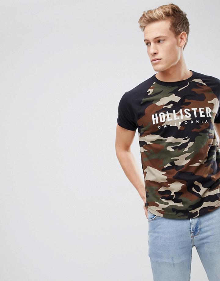 Hollister Raglan Baseball Logo Print T-shirt In Olive Camo/black - Green