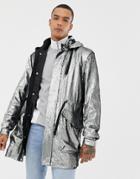 Asos Design Longline Sequin Parka In Silver - Silver