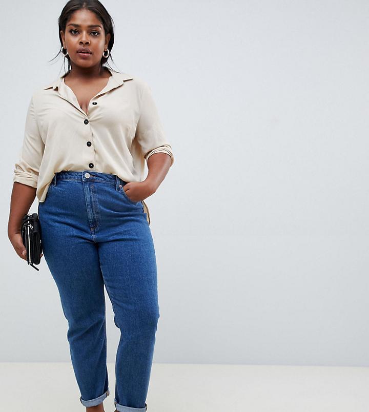Asos Design Curve Recycled Farleigh High Waist Slim Mom Jeans In Flat Blue - Blue