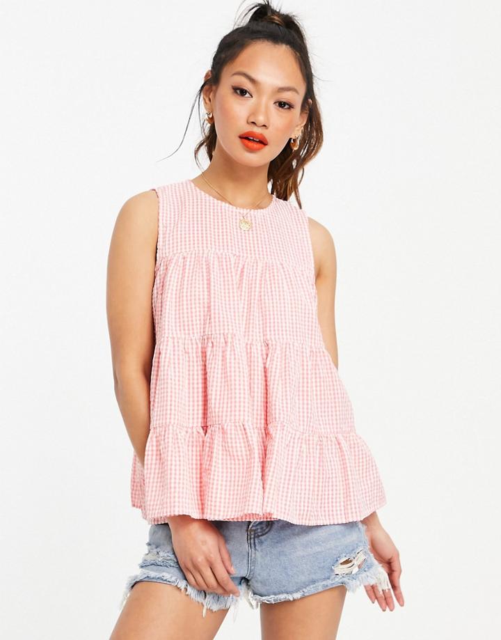 Asos Design Cotton Smock Tank In Pink Gingham-multi