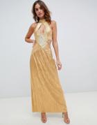 Asos Design Metallic Plisse Cut Out Maxi Dress-gold