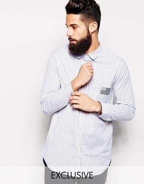 Reclaimed Vintage X Longline Dip Back Shirt With Flag In Stripe - Blue