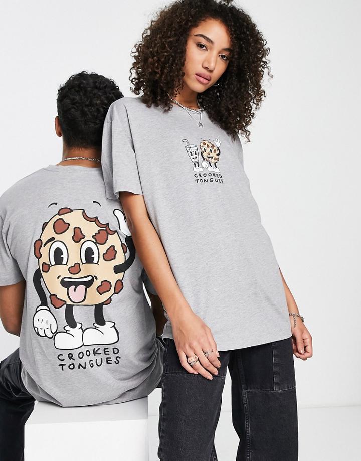 Crooked Tongues Unisex T-shirt With Back Cookie Graphic Print And Logo In Gray Heather