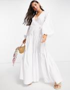 Asos Design Drop Waist Wrap Tiered Maxi Dress In White
