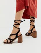 Asos Design Trivia Suede Tie Leg Heeled Sandal-black