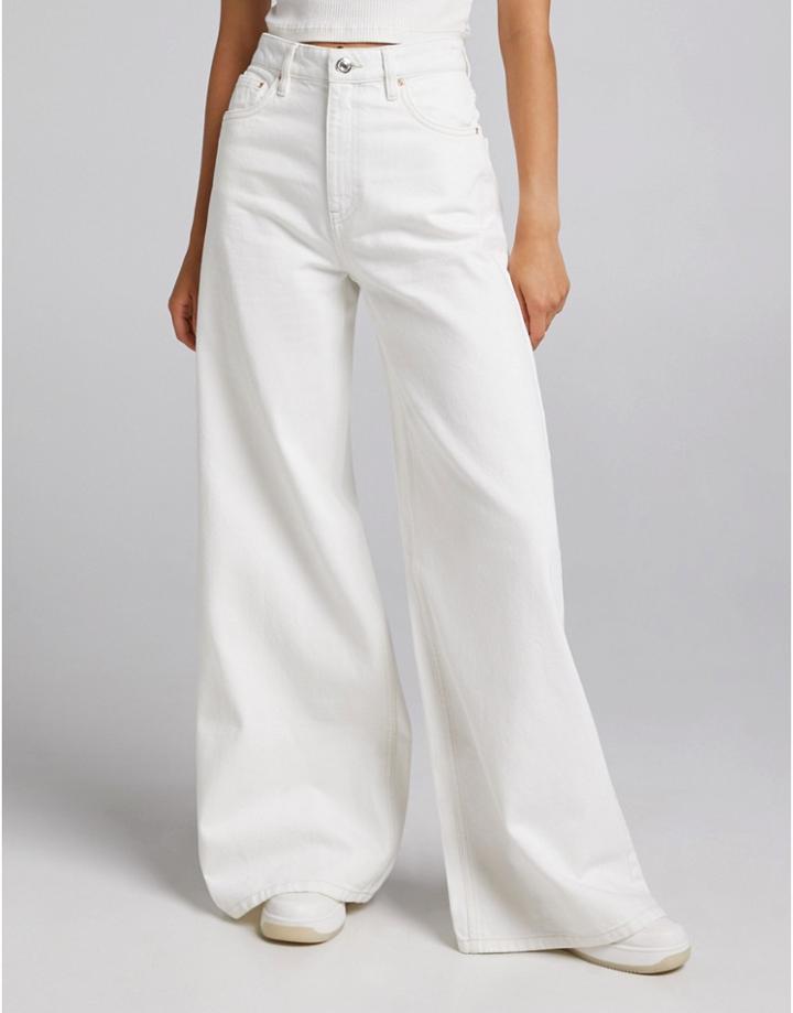 Bershka Wide Leg Pant With Contrast Seam In Ecru-white