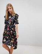 Influence Floral Asymmetric Midi Dress With Studded Belt - Multi