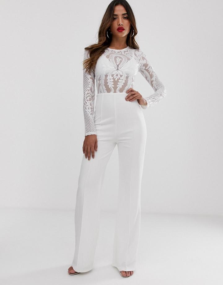 Club L Baroque Sequin Jumpsuit - White