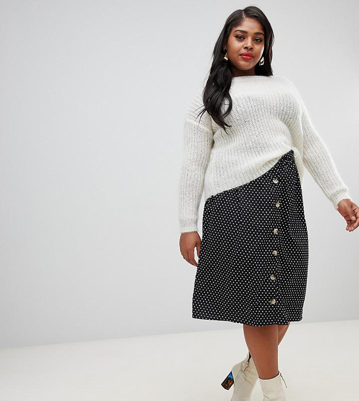 Influence Plus Button Front Midi Skirt In Polka Dot Print-black