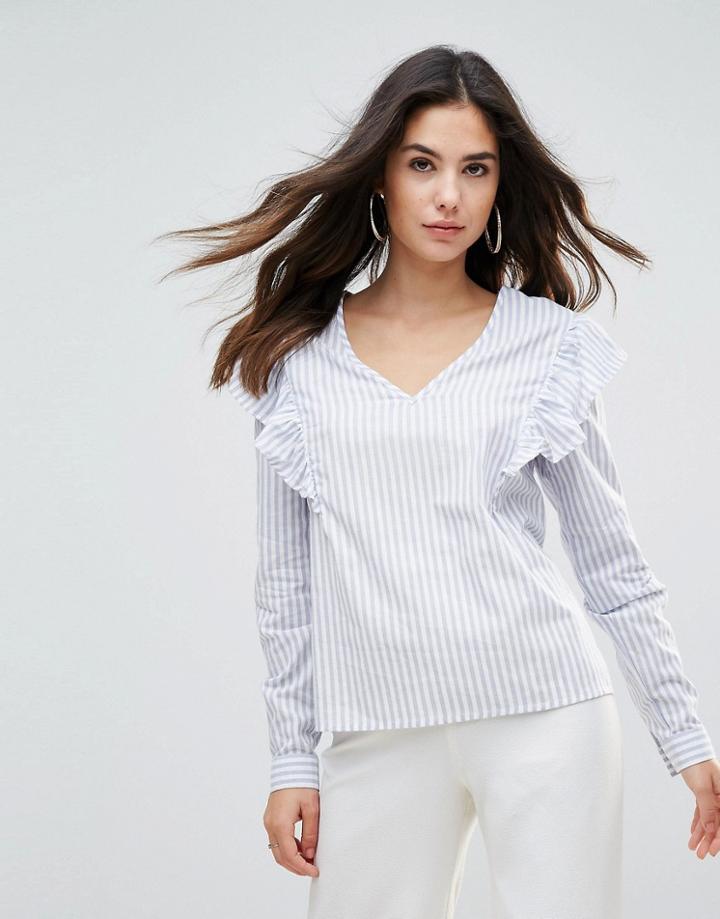 Influence V Neck Frill Front Top In Stripe - Blue