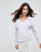 Influence V Neck Frill Front Top In Stripe - Blue