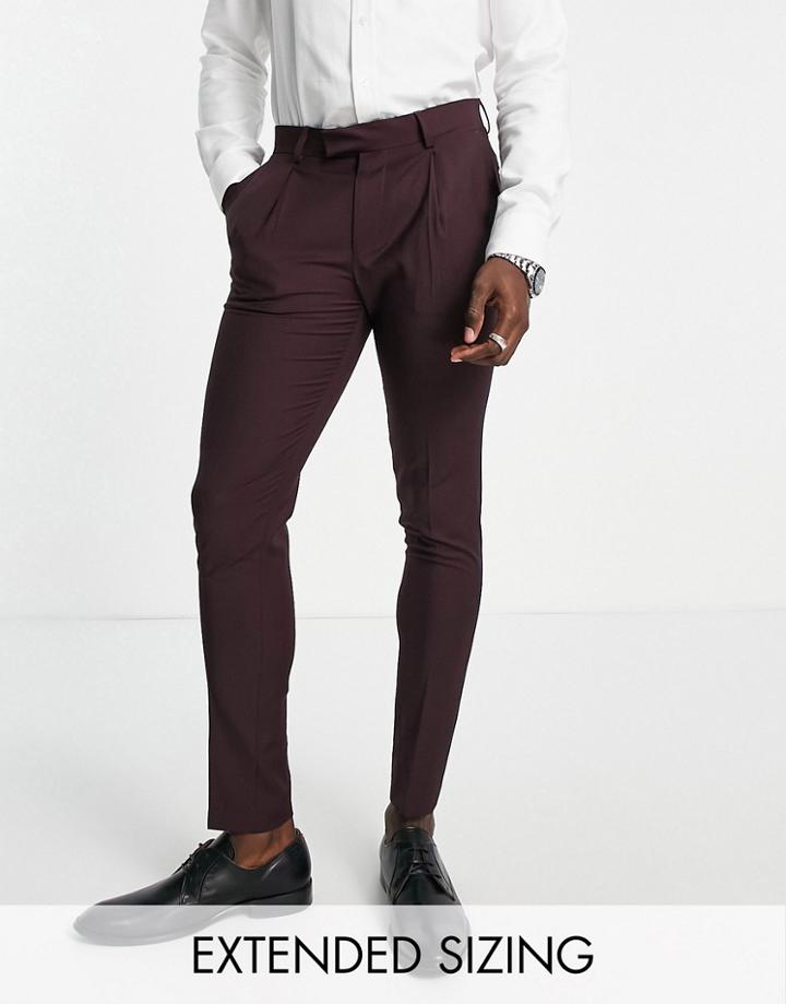 Noak Tower Hill Super Skinny Suit Pants In Burgundy Worsted Wool Blend With Four-way Stretch-red