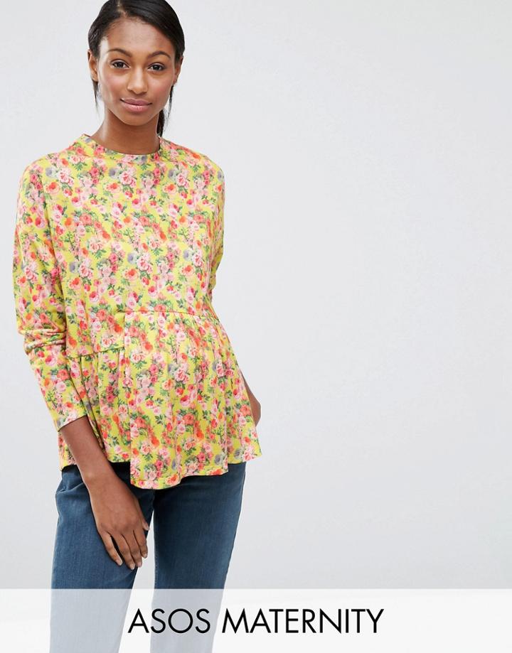 Asos Maternity Top With Ruffle Hem In Floral Print - Multi