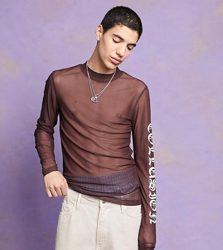 Collusion Slim Fit Long Sleeve Mesh T-shirt With Logo Print In Brown