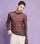 Collusion Slim Fit Long Sleeve Mesh T-shirt With Logo Print In Brown