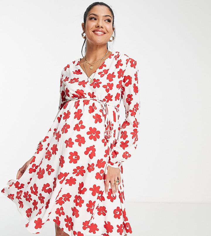 Glamorous Bloom V-neck Mini Wrap Dress In Red Floral-white
