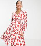 Glamorous Bloom V-neck Mini Wrap Dress In Red Floral-white