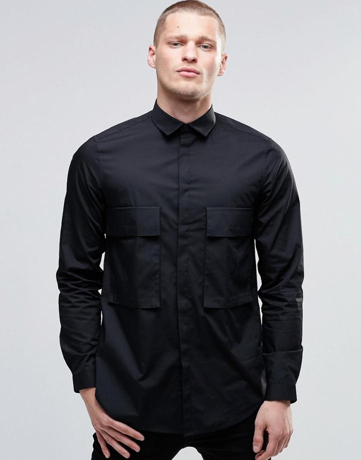 Asos Oversized Shirt In Black With Drop Pocket And Long Sleeves - Black