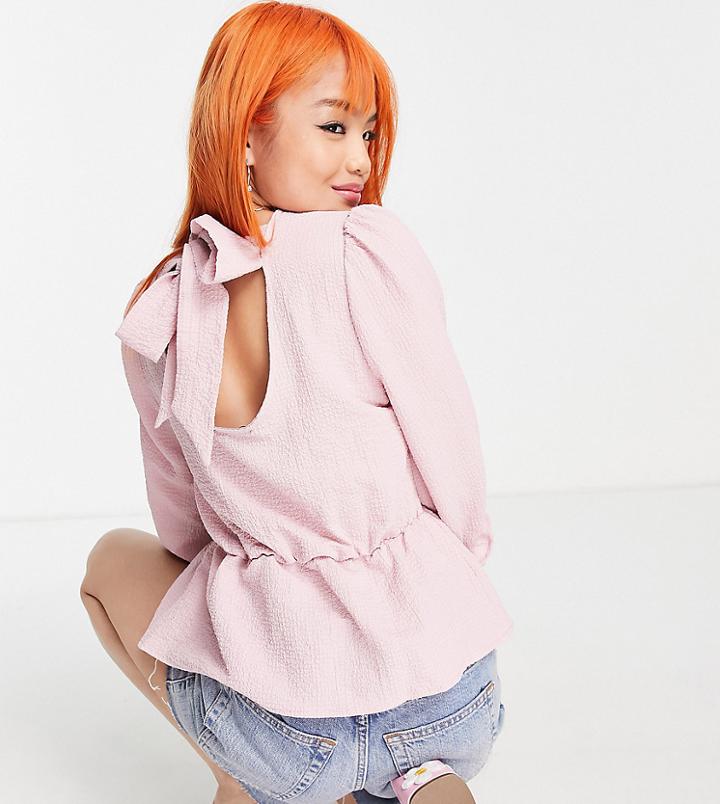 New Look Petite Tie Back Peplum Blouse In Pink