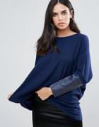 Traffic People Light Knit Sweater With Contrast Sleeves - Navy