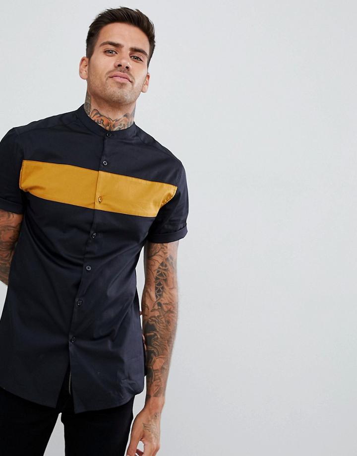 Asos Design Skinny Cut And Sew Shirt In Mustard With Black Panel - Yellow