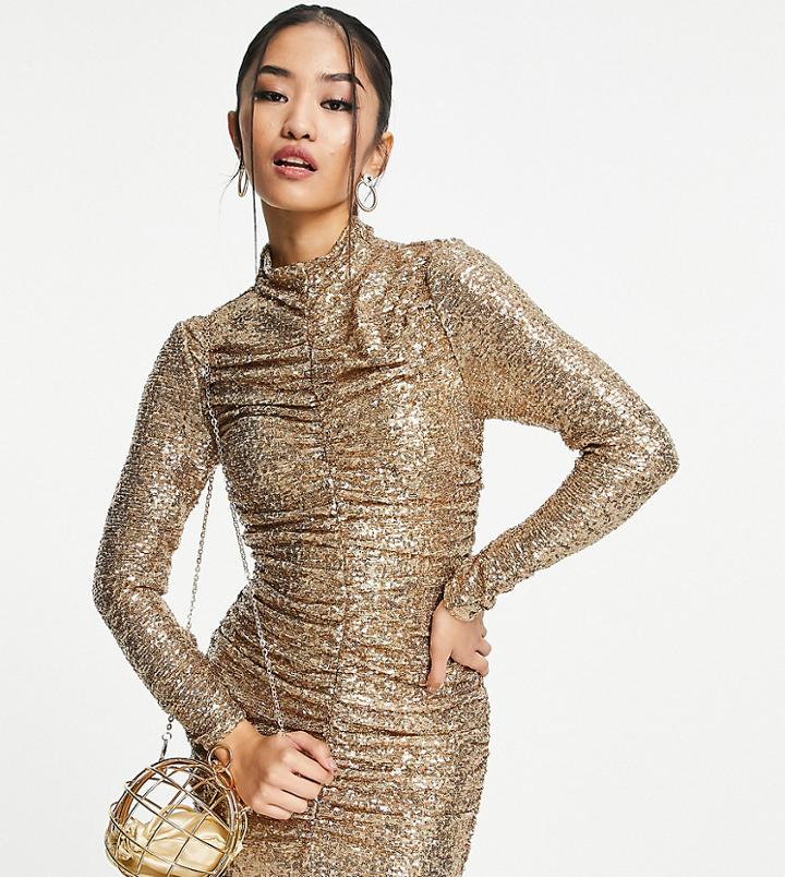 Ever New Petite High Neck Ruched Sequin Mini Dress In Gold