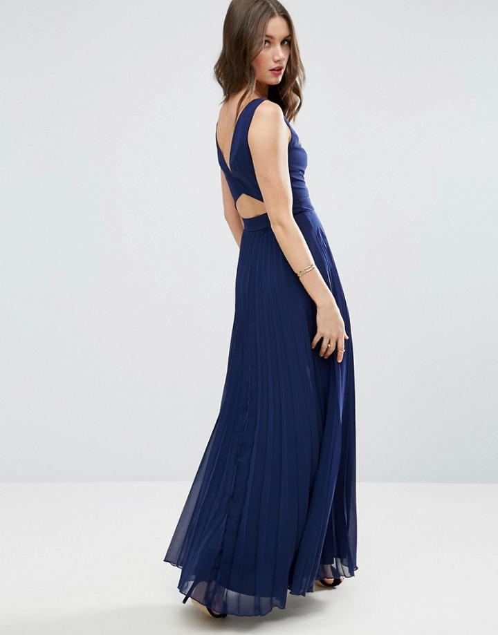 Asos Cut Out Back V Front Pleated Maxi Dress - Navy