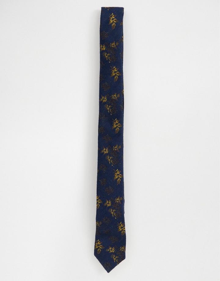 Asos Design Slim Textured Navy Floral Tie - Navy