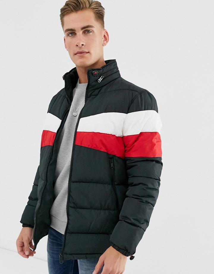 Threadbare Cut & Sew Puffer Jacket In Black