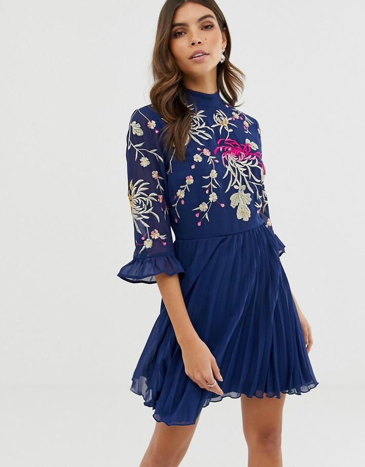 Asos Design Embroidered Pleated Mini Dress With Fluted Sleeve-navy