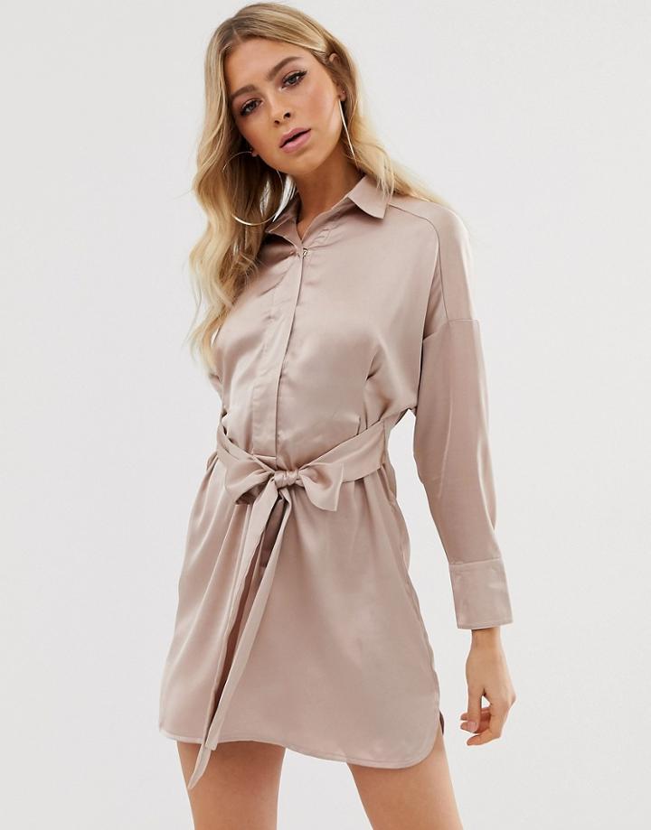 Club L London Belted Satin Shirt Dress - Beige