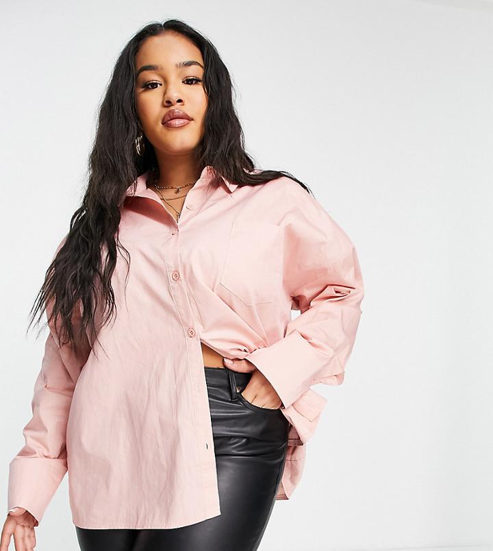 Public Desire Curve Oversized Shirt Pocket Detail In Peach - Part Of A Set-orange