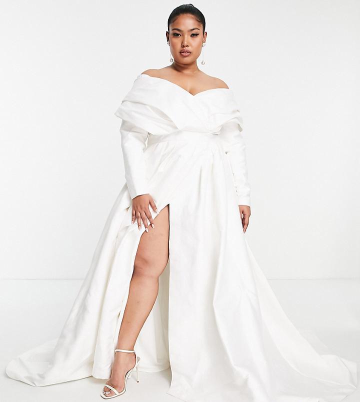 Asos Edition Curve Lola Satin Structured Off Shoulder Wedding Dress With Full Skirt-white