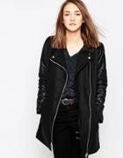 Brave Soul Wool Mix Biker Coat - Black
