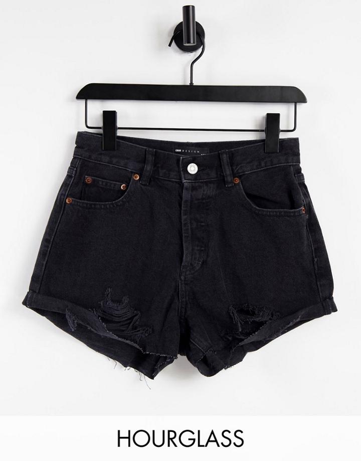 Asos Design Hourglass Denim Mid Rise Relaxed Shorts In Washed Black With Rips