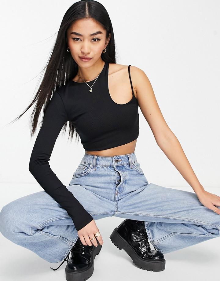 Pull & Bear Asymmetric Cropped Top In Black