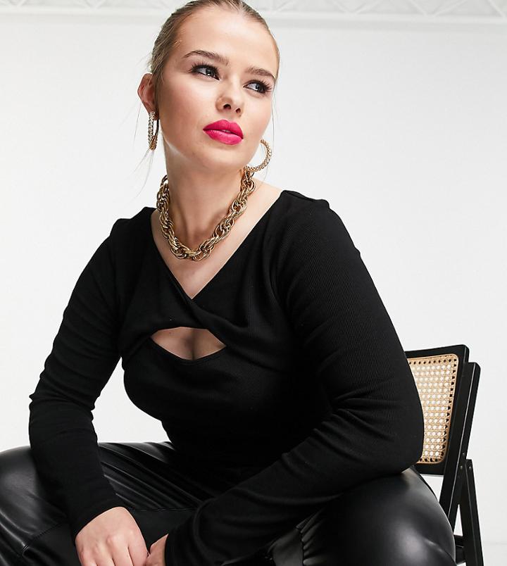 Asos Design Curve Edit Power Rib Top With Twist In Black