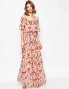 Asos Printed Ruffle And Tiered Off Shoulder Maxi Dress - Multi
