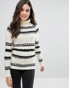 Brave Soul Osha Roll Neck Stripe Sweater - Cream