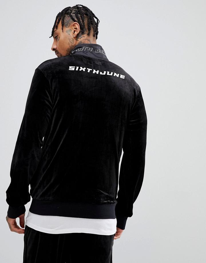 Sixth June Track Jacket In Black Velour With Logo Back Print
