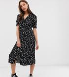 Influence Tall Shirred Sleeve Floral Midi Dress With Button Down Front In Black - Black