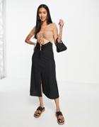 Asos Design Ribbed Color Block Midi Dress In Camel And Black-multi