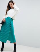 Asos Pleated Midaxi Skirt With Side Button Detail - Green