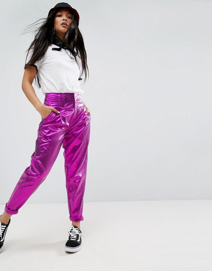 Asos Summer Metallic High Waisted Peg Pants - Pink